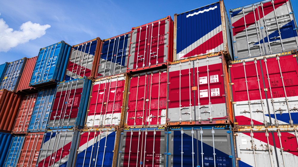 Export containers displaying the Union Jack.